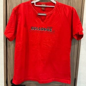 Red Oak Sports Wear For Ladies V Neck Short Sleeve Bulldog Football Tee Size L